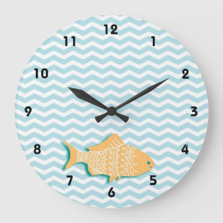 Goldfish on aqua blue chevron large clock