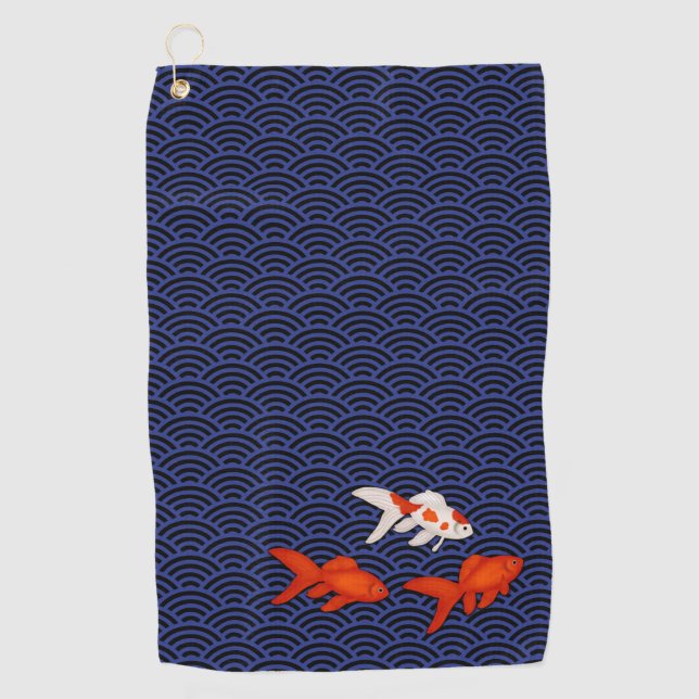 Goldfish on Seigaiha Pattern Japanese Golf Towel (Front)