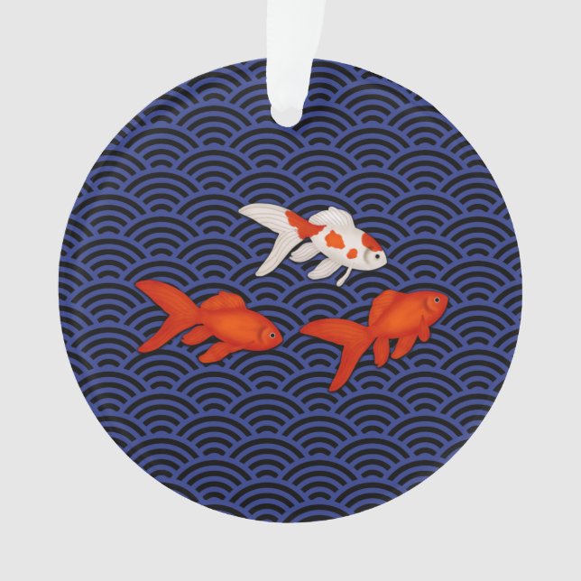 Goldfish on Seigaiha Wave Pattern Japanese Lucky Ornament (Front)