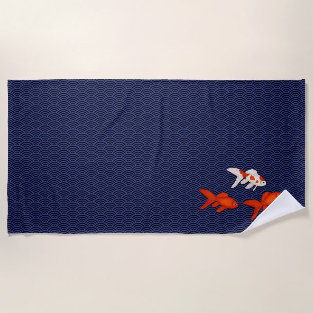 Goldfish on Seigaiha Waves Pattern Japanese Beach Towel (Front)