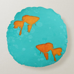 Goldfish orange silhouettes in turquoise water round pillow
