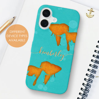 Goldfish Orange Silhouettes Turquoise Water Name iPhone 16 Case