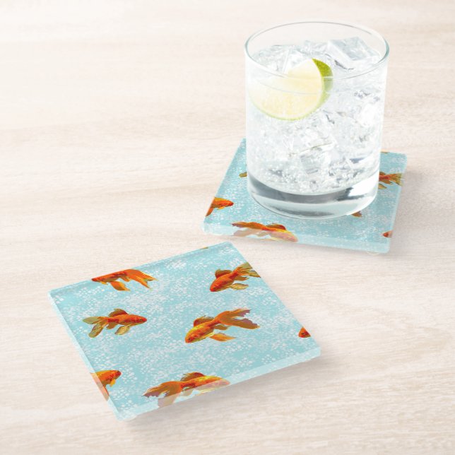 Goldfish Pattern (blue) Glass Coaster (Angled)