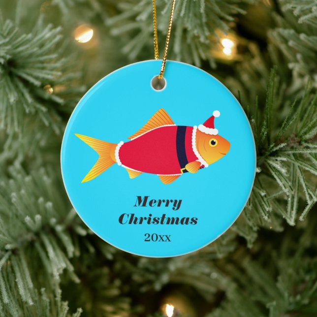 Goldfish Santa Merry Christmas Ceramic Ornament (Tree)