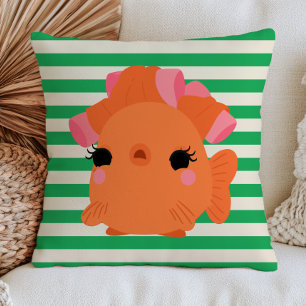 Goldfish with Hair Rolls On Green Stripes Quirky Throw Pillow