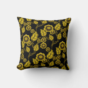 Goldflowers, gold leaves, Folk art floral/black Throw Pillow