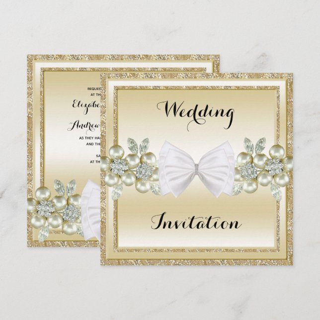 GoldSequins & Floral Gems Glitter Bow Wedding Invitation (Front/Back)