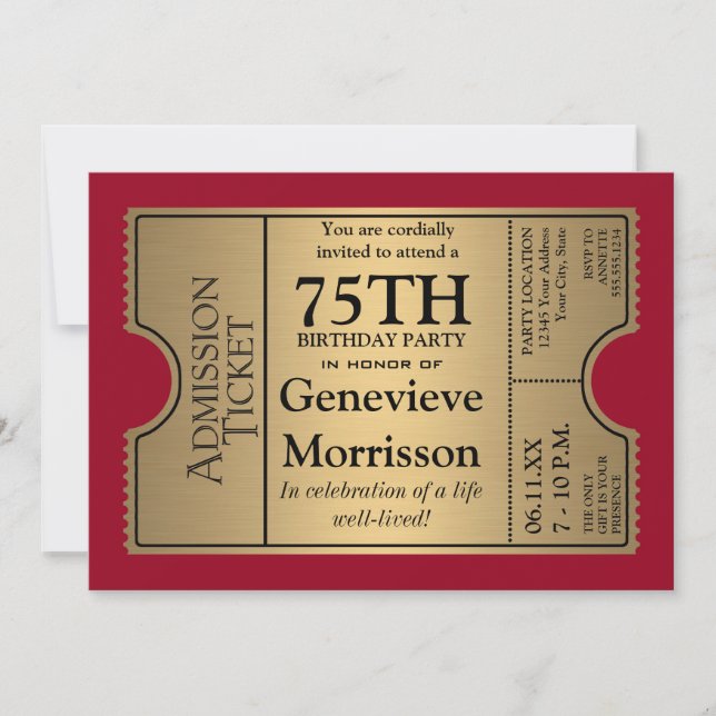 Goldven Ticket Style 75th Birthday Party Invite (Front)