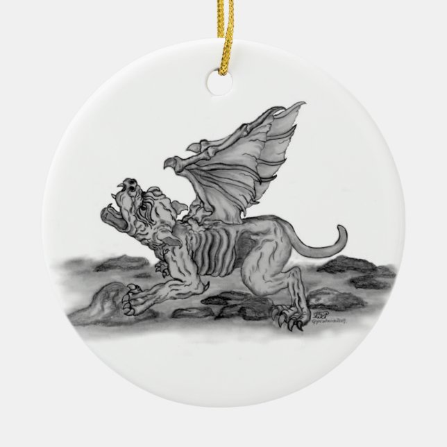 Golem Gargoyle schwarz weiss Zeichnung Ceramic Ornament (Front)