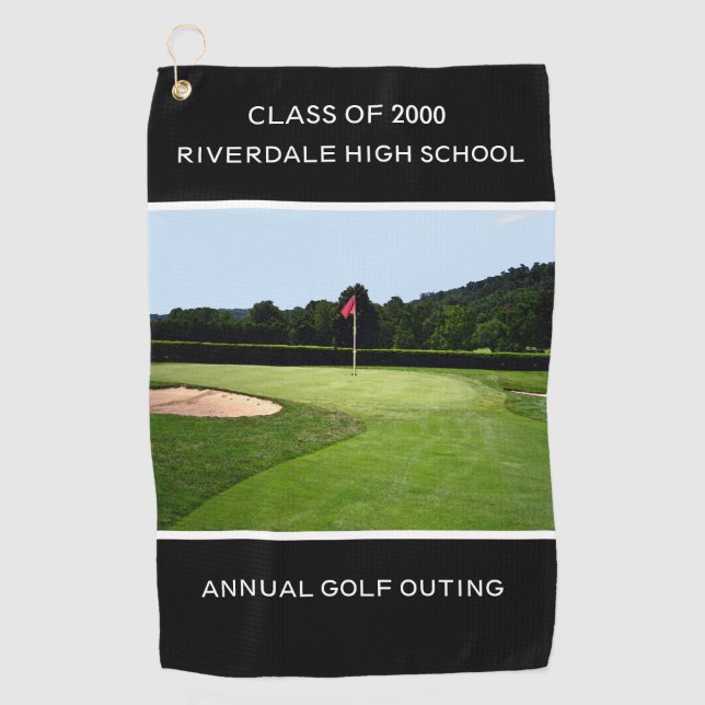 GOLF 18th HOLE CUSTOM TEXT Black Golf Towel (Front)