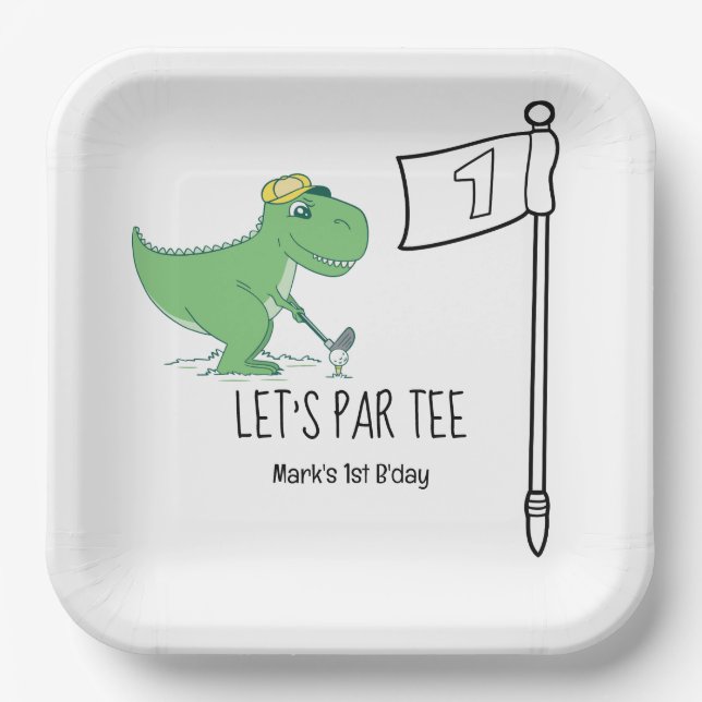 Golf 1st Birthday Dinosaur golfing let's par tee Paper Plate (Front)