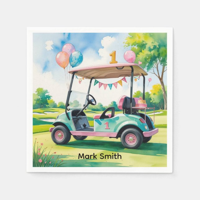 Golf 1st Birthday golfer  is Turning one Napkin (Front)