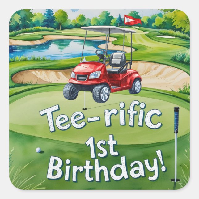Golf 1st Birthday golfer  is Turning one Square Sticker (Front)