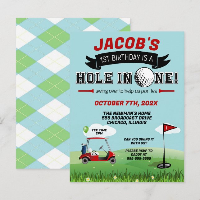 Golf 1st birthday Invitation (Front/Back)