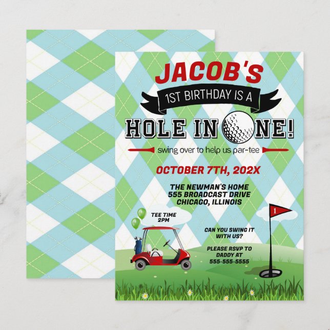 Golf 1st birthday Invitation (Front/Back)