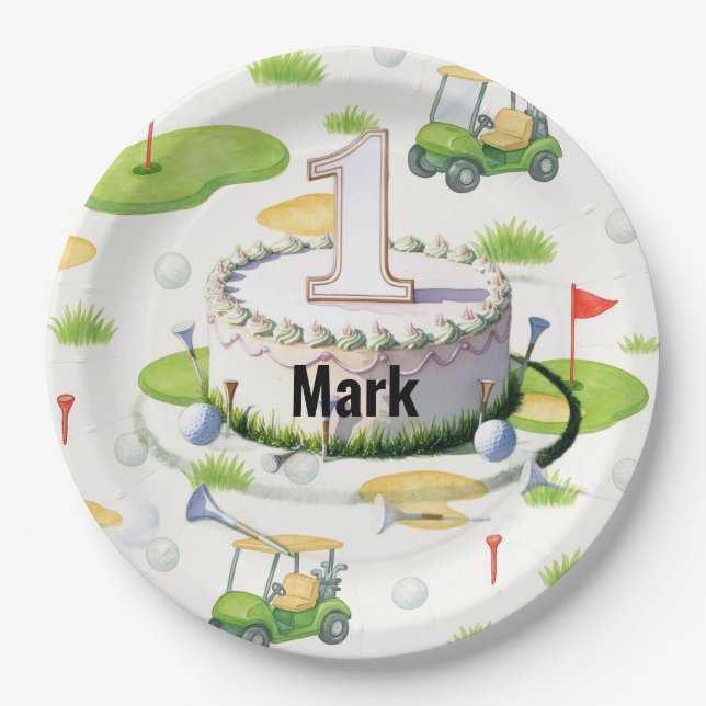 Golf 1st birthday one year old golfer number one paper plate (Front)