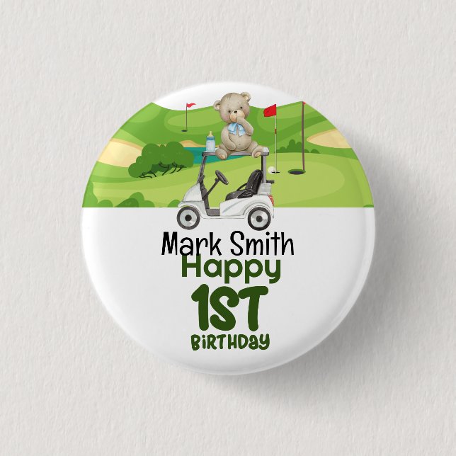Golf 1st birthday one year old golfer with cart 1 inch round button (Front)