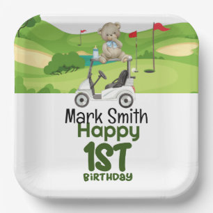 Golf 1st birthday one year old golfer with cart paper plate