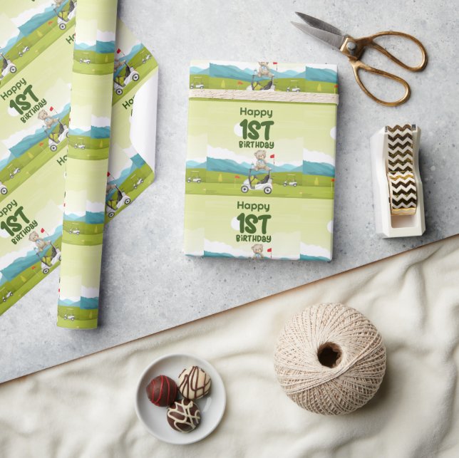 Golf 1st birthday one year old golfer with cart wrapping paper (Crafts)