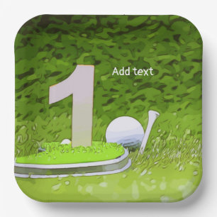Golf 1st Birthday with number one on green grass Paper Plate