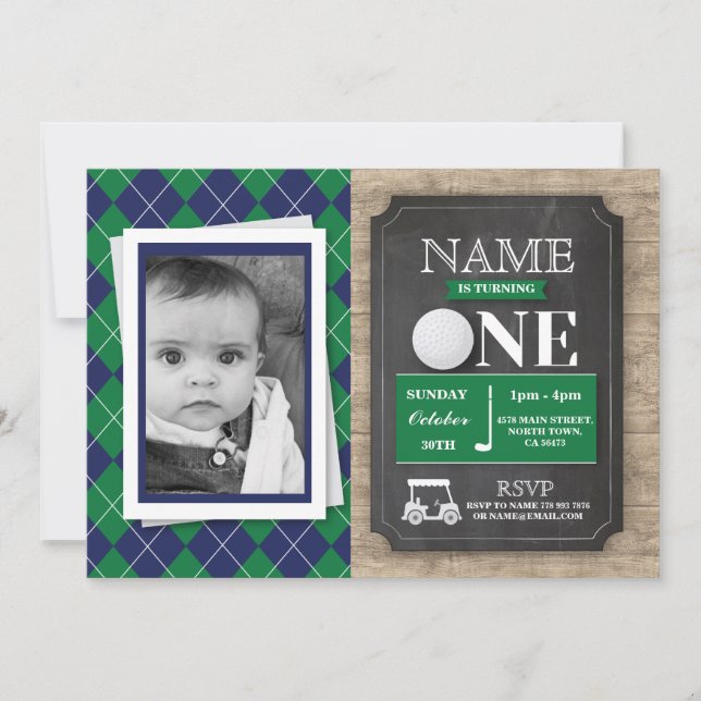 Golf 1st First One 1 Birthday Party Photo Invite (Front)
