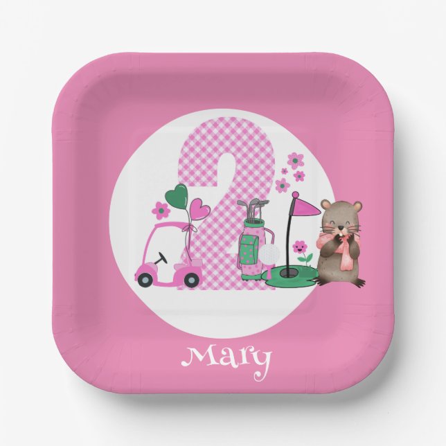Golf 2nd Birthday in Pink Theme Paper Plate (Front)