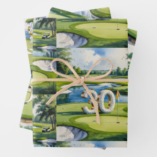 Golf 30th Birthday on golf course with Number Wrapping Paper Sheet