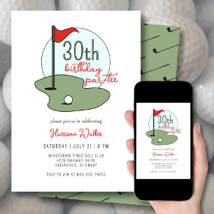 Golf 30th Birthday Party Hand Drawn Modern Green Invitation