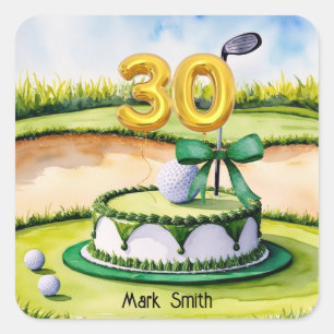 Golf 30th Birthday with Birthday Cake for Golfer  Square Sticker