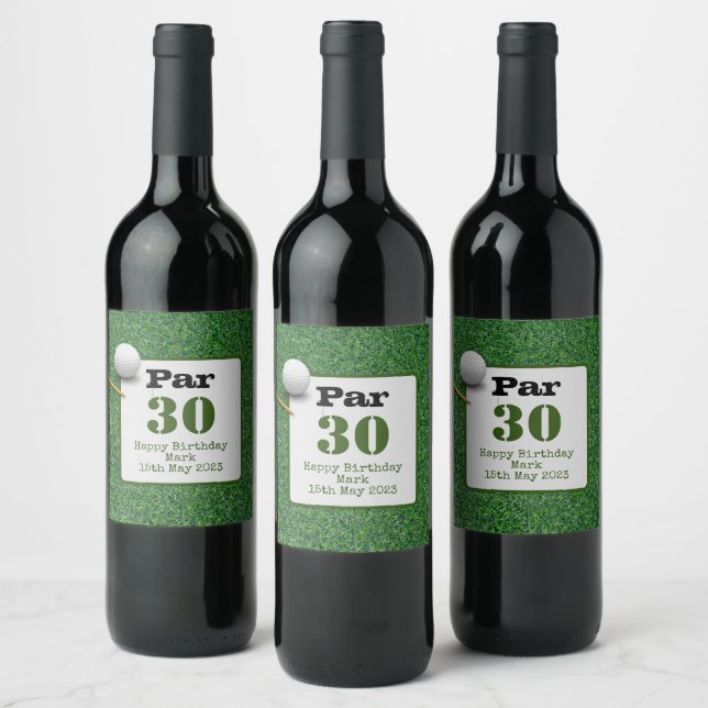 Golf 30th Birthday with golf ball on green grass Wine Label (Bottles)