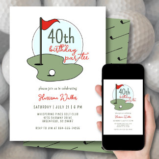 Golf 40th Birthday Party Hand Drawn Modern Green Invitation