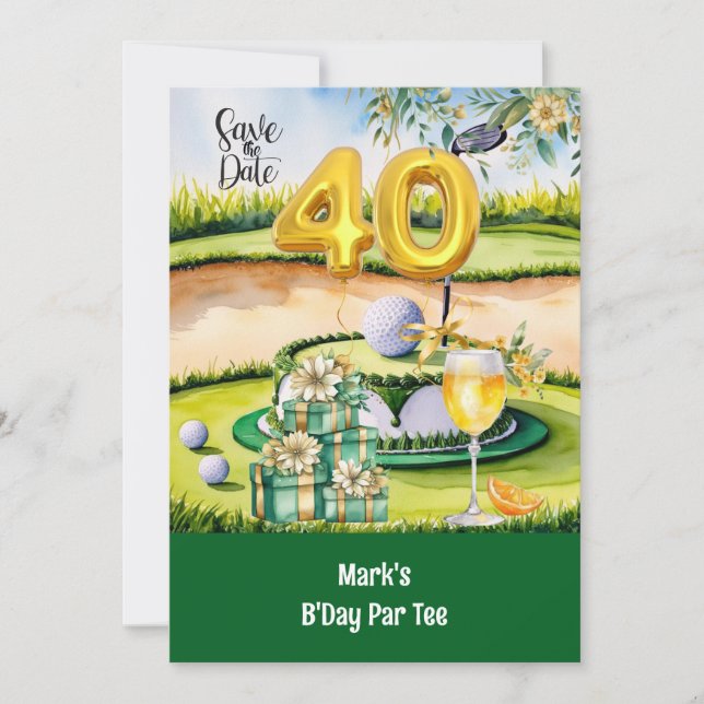 Golf 40th Birthday with Cake on Course for Golfer Invitation (Front)