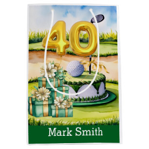 Golf 40th Birthday with Cake on Course for Golfer Medium Gift Bag