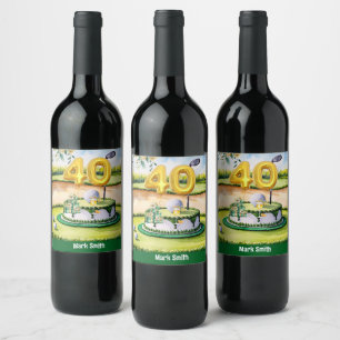 Golf 40th Birthday with Cake on Course for Golfer Wine Label