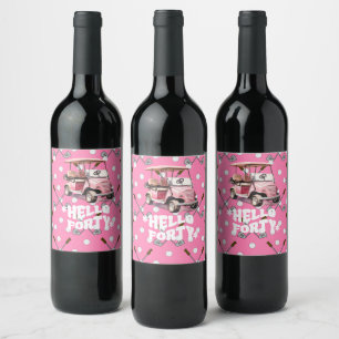 Golf 40th birthday with pink cart woman golfer wine label