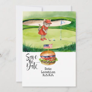 Golf 4th July Cat invitation card save the date