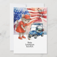 Golf 4th July Cat invitation card save the date