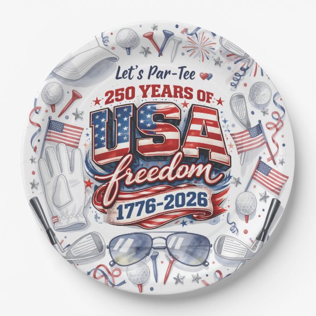 Golf 4th of July 250 Years Independence  Paper Plate (Front)