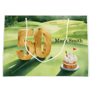  Golf 50th Birthday for golfer with cake on green Large Gift Bag