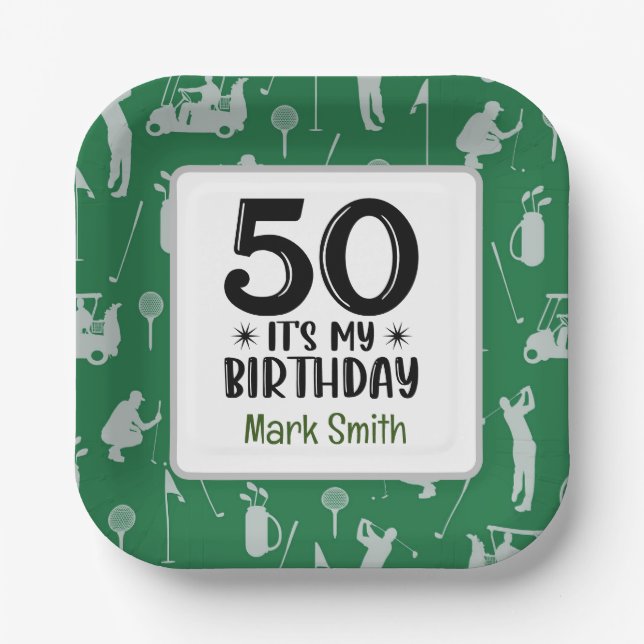 Golf 50th Birthday for golfer with green grass Paper Plate (Front)