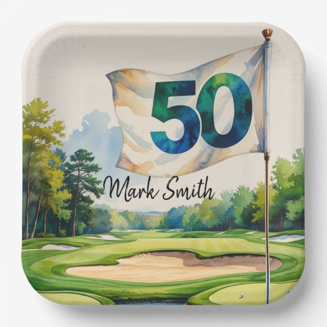 Golf 50th Birthday on Golf Course  Paper Plate (Front)