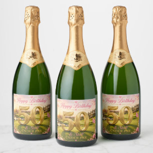 Golf 50th Birthday Pink themed for woman golfer Sparkling Wine Label