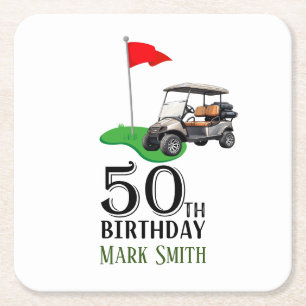 Golf 50th Birthday  to You with Golf Flag  Square Paper Coaster