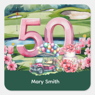 Golf 50th Birthday with Number 50 Square Sticker