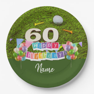 Golf 60th birthday golfer with balloon on green  paper plate