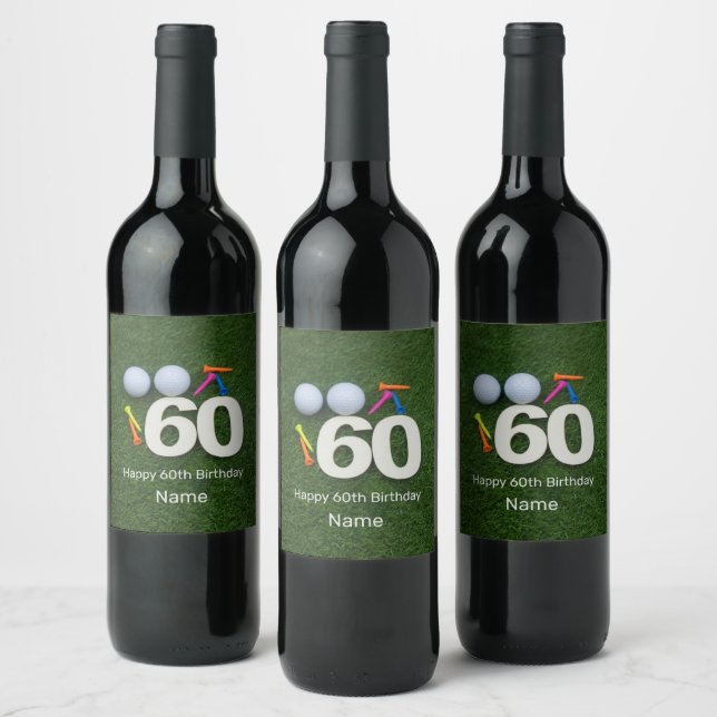 Golf 60th Birthday Golfer with golf ball and tees Wine Label (Bottles)