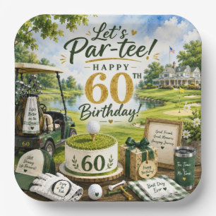 Golf 60th Birthday with golf cart on green Paper Plate