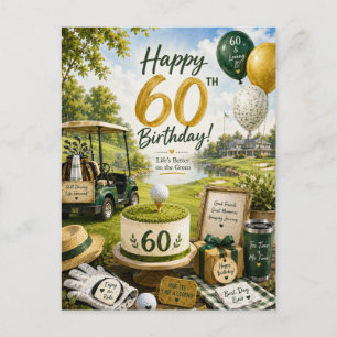 Golf 60th Birthday with golf cart on green Postcard