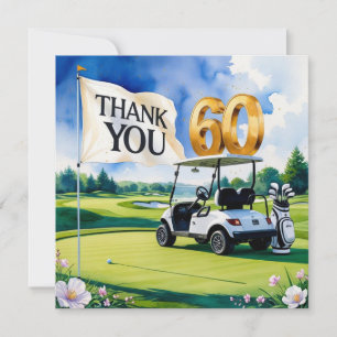 Golf 60th Birthday with golf cart on green Thank You Card
