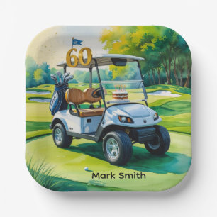 Golf 60th Birthday with Golf Cart on putting Green Paper Plate